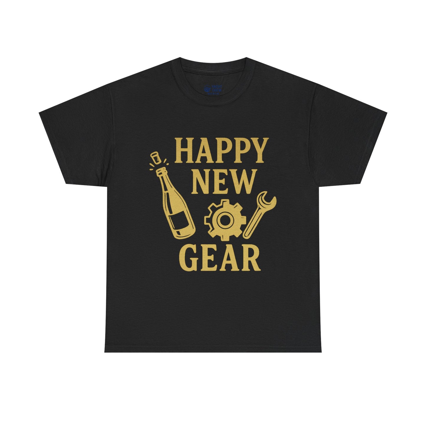 Happy New Gear T-Shirt — Funny New Year Mechanics Tee with Champagne & Wrench Design