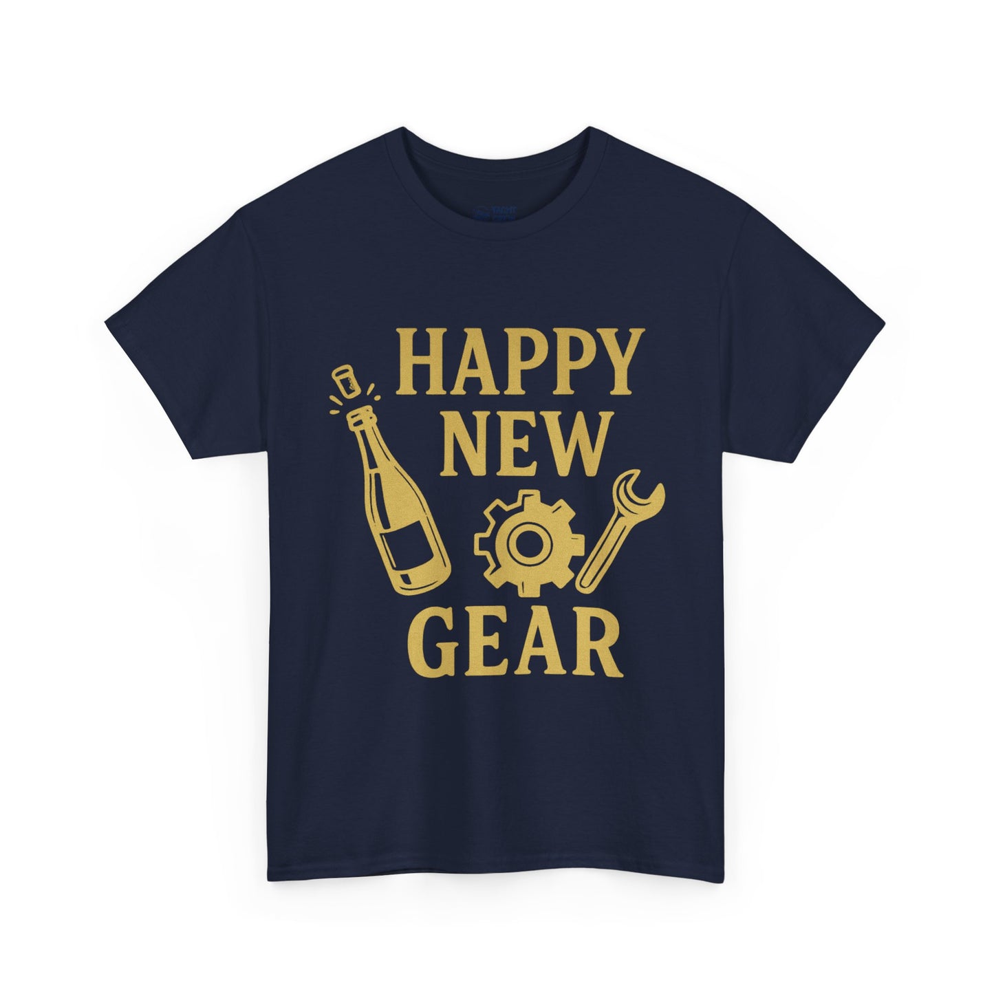 Happy New Gear T-Shirt — Funny New Year Mechanics Tee with Champagne & Wrench Design