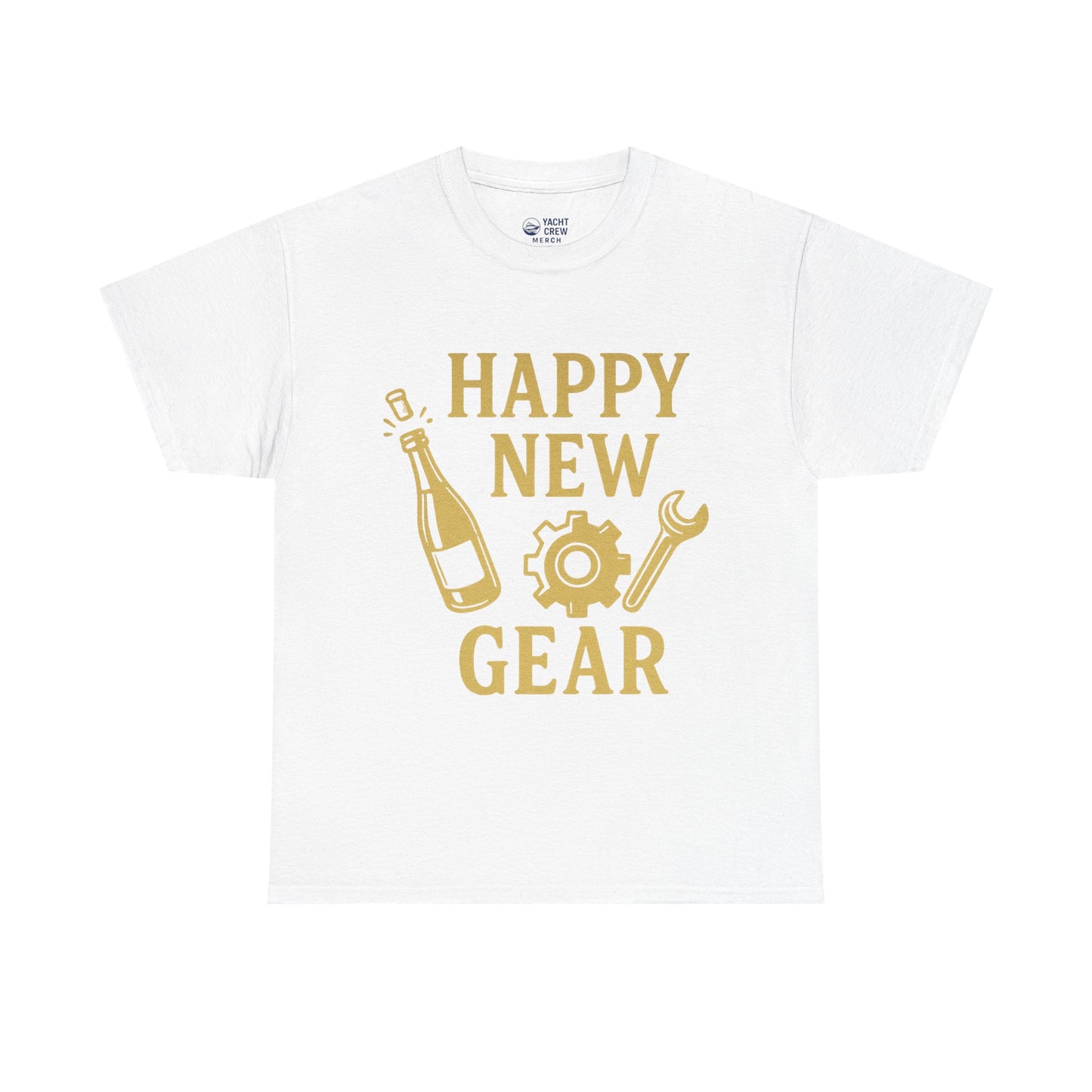 Happy New Gear T-Shirt — Funny New Year Mechanics Tee with Champagne & Wrench Design
