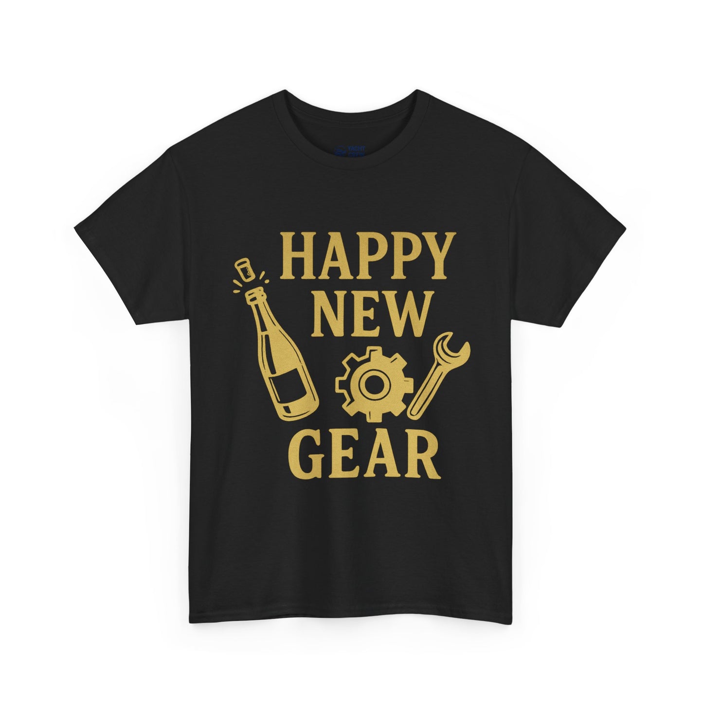 Happy New Gear T-Shirt — Funny New Year Mechanics Tee with Champagne & Wrench Design