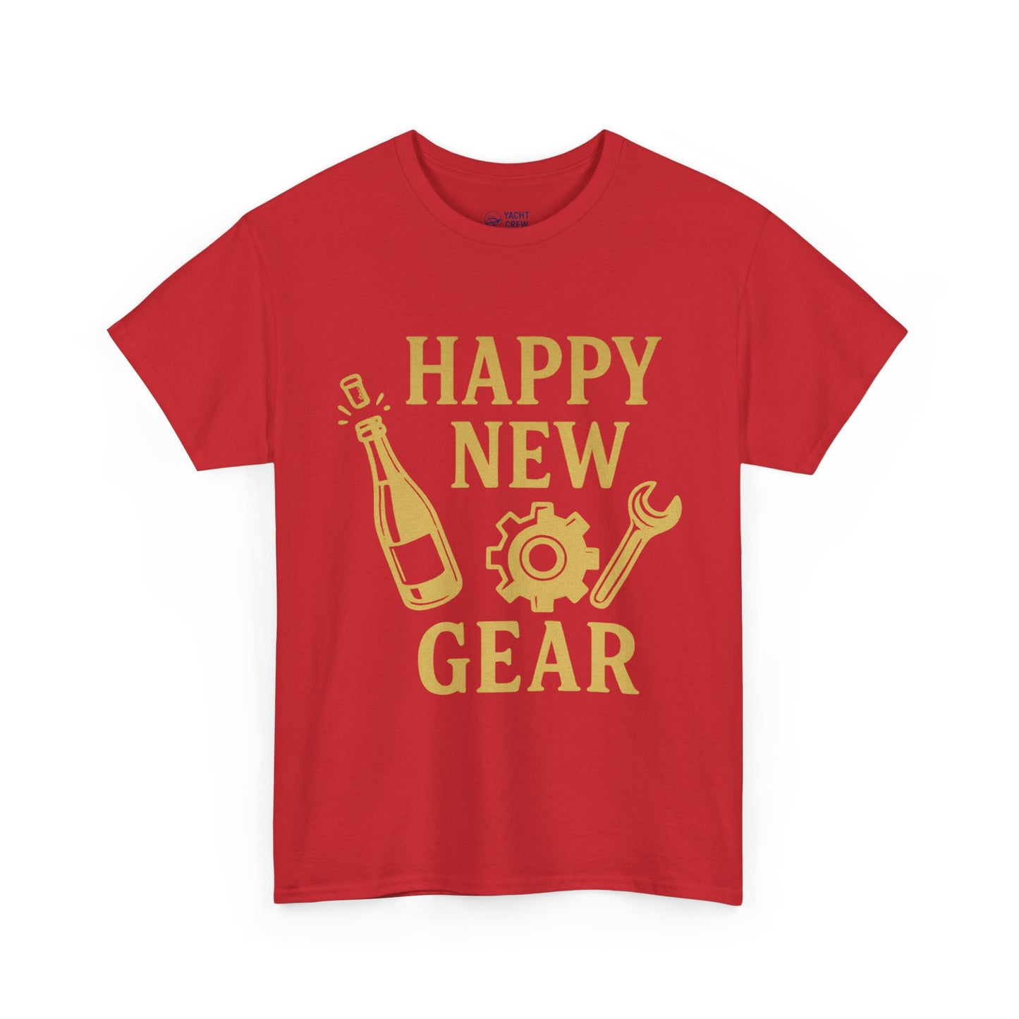 Happy New Gear T-Shirt — Funny New Year Mechanics Tee with Champagne & Wrench Design