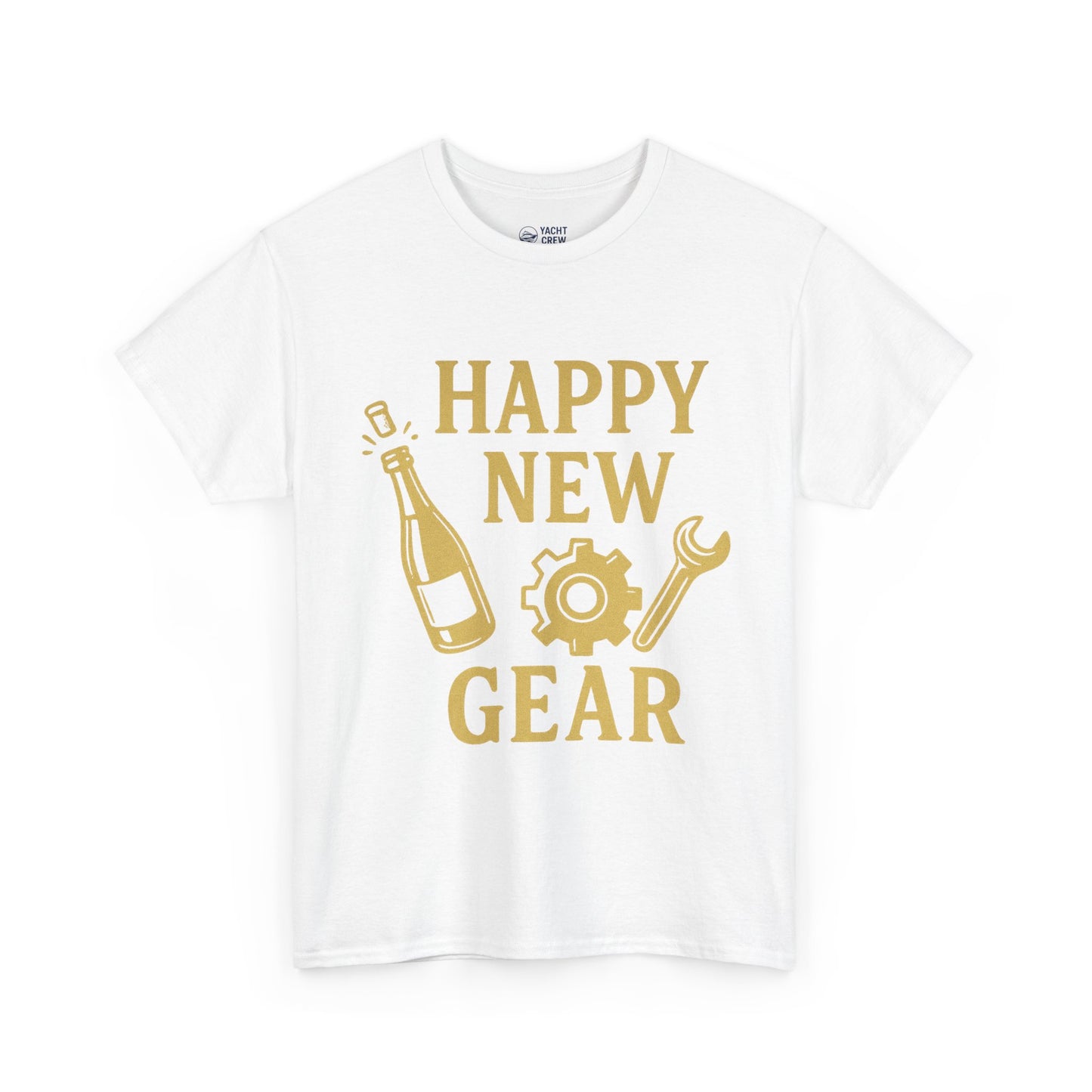 Happy New Gear T-Shirt — Funny New Year Mechanics Tee with Champagne & Wrench Design