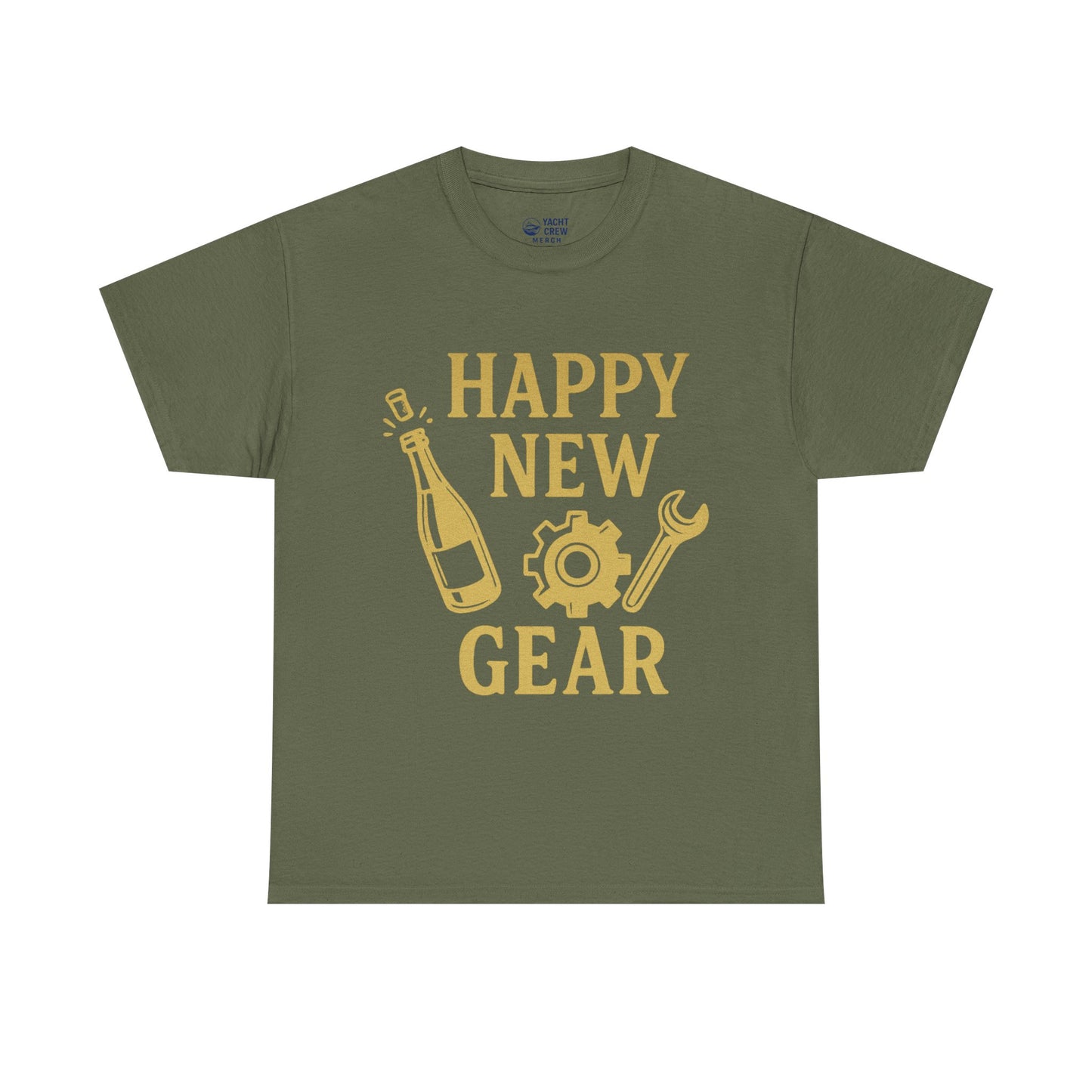 Happy New Gear T-Shirt — Funny New Year Mechanics Tee with Champagne & Wrench Design