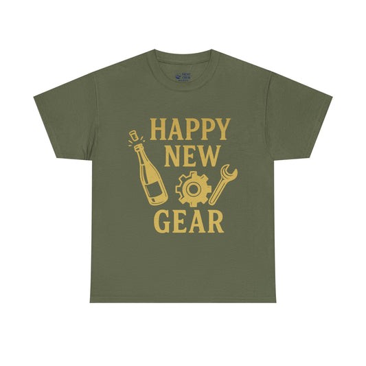 Happy New Gear T-Shirt — Funny New Year Mechanics Tee with Champagne & Wrench Design