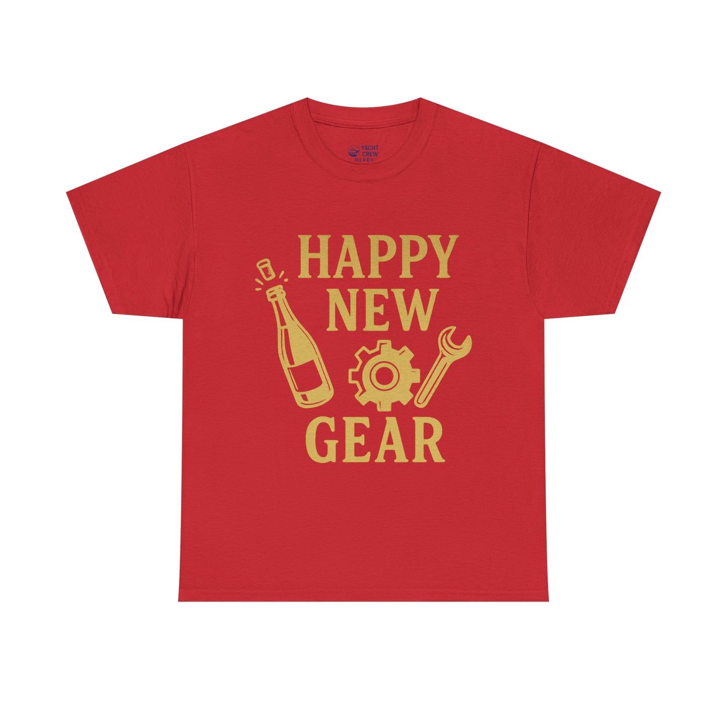 Happy New Gear T-Shirt — Funny New Year Mechanics Tee with Champagne & Wrench Design