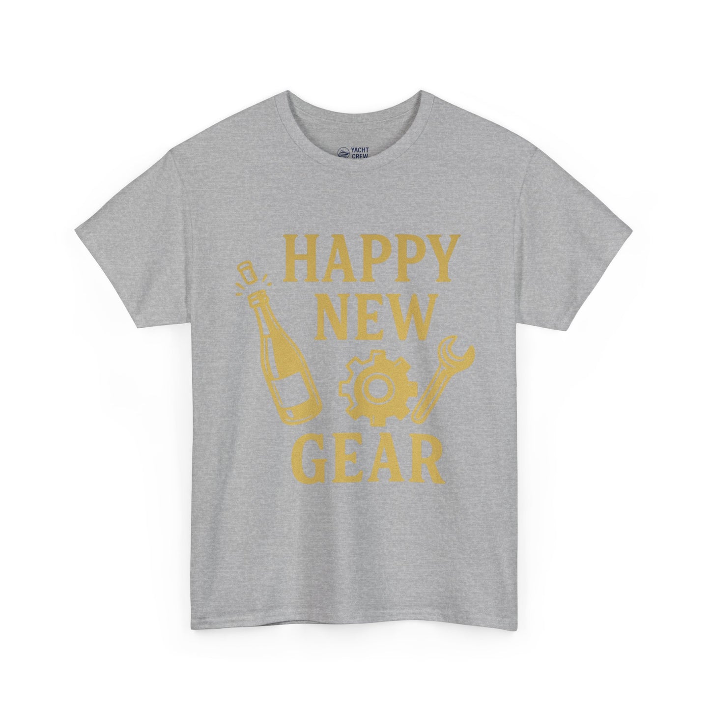 Happy New Gear T-Shirt — Funny New Year Mechanics Tee with Champagne & Wrench Design