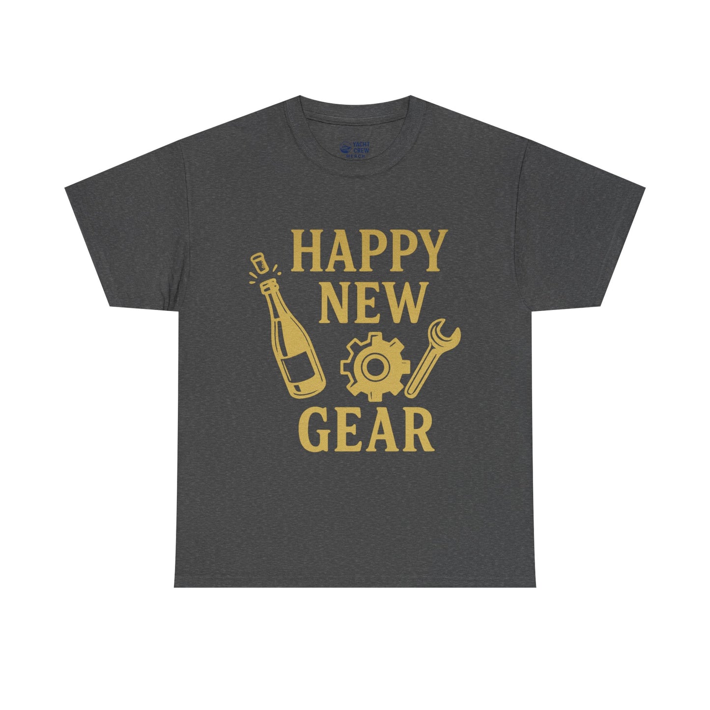 Happy New Gear T-Shirt — Funny New Year Mechanics Tee with Champagne & Wrench Design