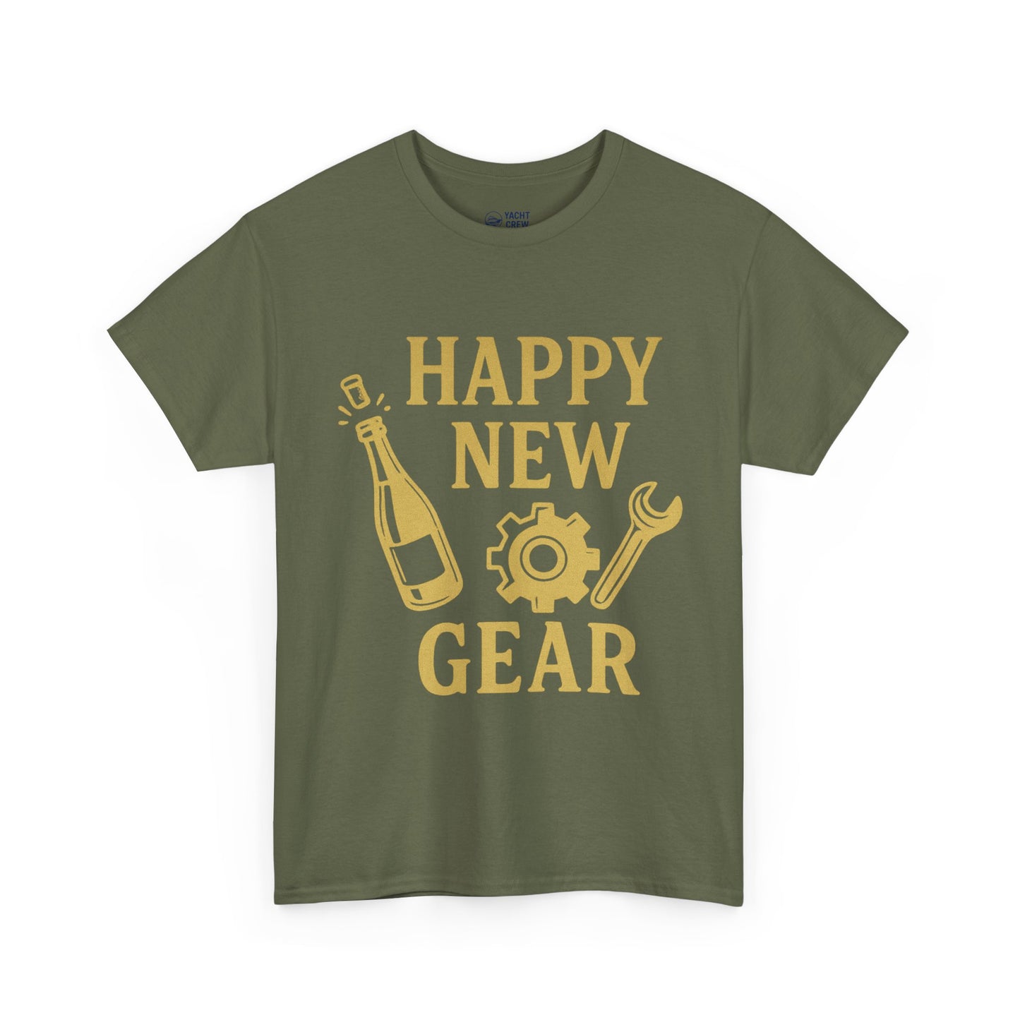 Happy New Gear T-Shirt — Funny New Year Mechanics Tee with Champagne & Wrench Design