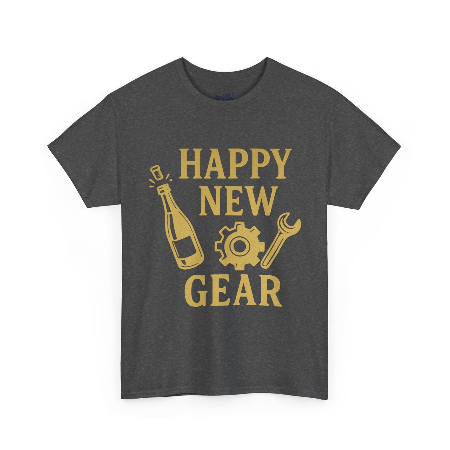 Happy New Gear T-Shirt — Funny New Year Mechanics Tee with Champagne & Wrench Design