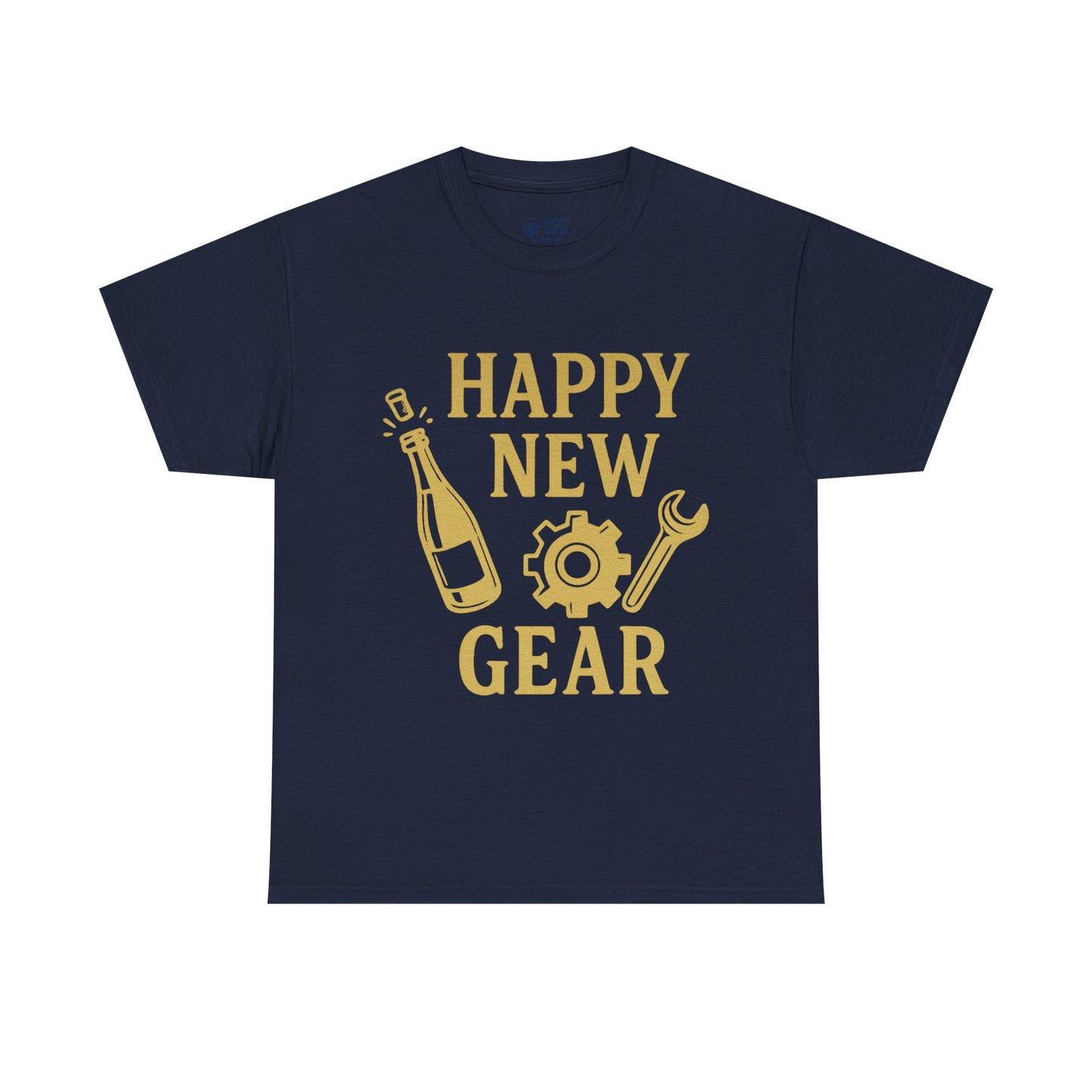 Happy New Gear T-Shirt — Funny New Year Mechanics Tee with Champagne & Wrench Design